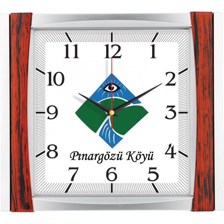 Logo Baskılı Ahşap Desenli Yan Panelli 32,5 x 36,5 cm Plastik Duvar Saati